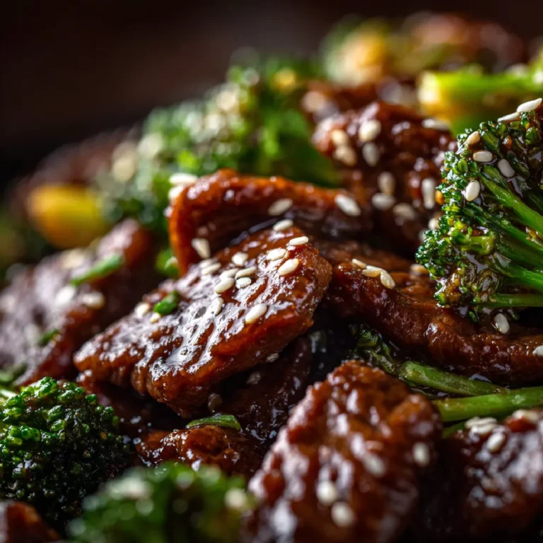 Chinese Beef and Broccoli 3 Close-up of saucy beef stir fry with crisp broccoli and sesame seeds