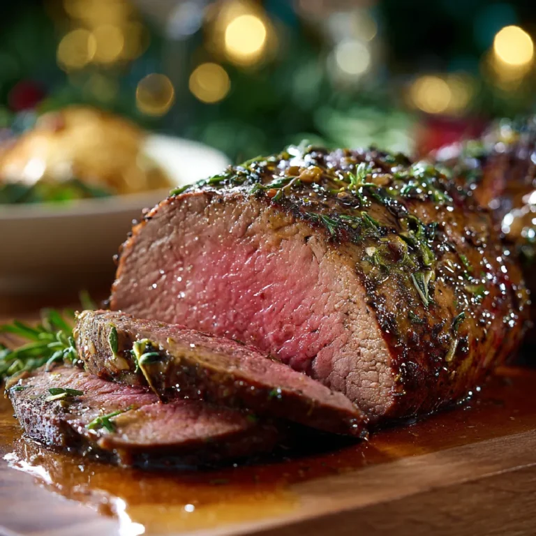 Beef Tenderloin Roast Recipe 3 Close-up of juicy beef tenderloin slice with herbs