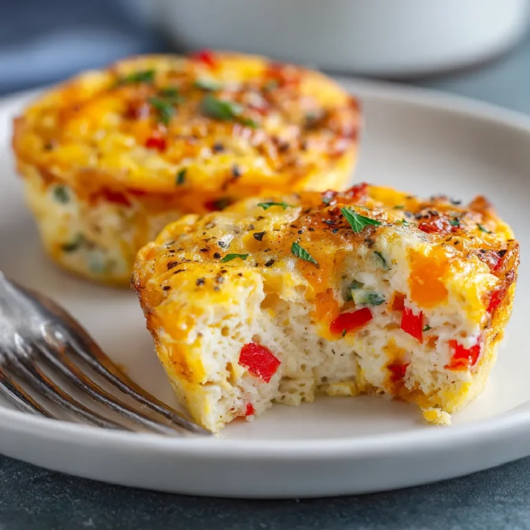 Breakfast Egg Muffins Recipe 3 Close-up of halved breakfast egg muffin with cheese and veggies