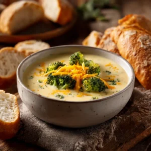 Broccoli Cheddar Soup in rustic bowl with melted cheese