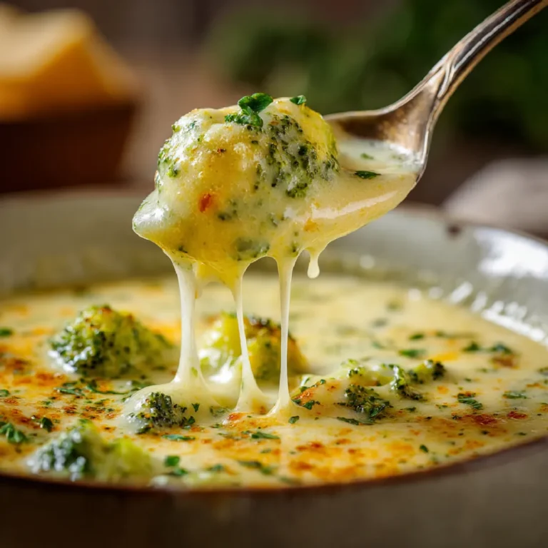 Broccoli Cheddar Soup 3 Close-up of spoon lifting cheesy broccoli cheddar soup