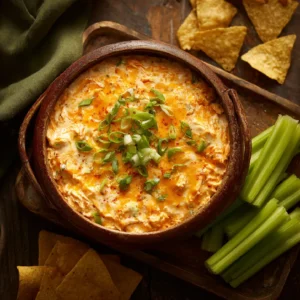 Buffalo Chicken Dip in a rustic dish with chips and celery