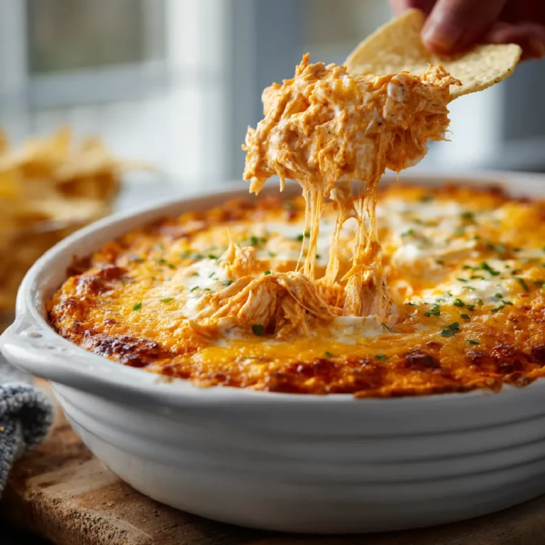 Buffalo Chicken Dip 3 Close-up of melty buffalo chicken dip being scooped with a chip