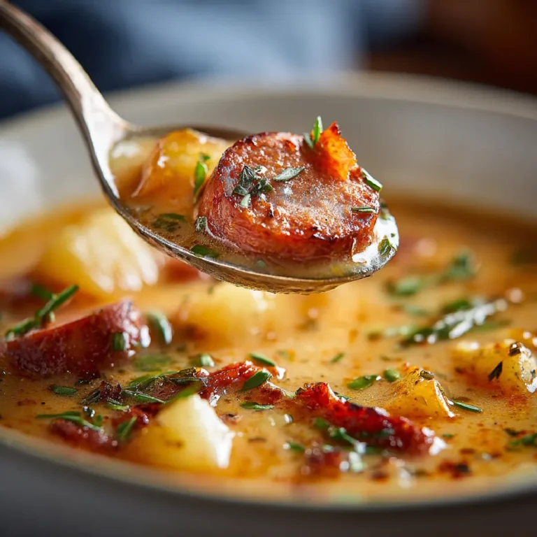 Cajun Potato Soup 3 Close-up of a spoonful of creamy Cajun potato soup with sausage and herbs