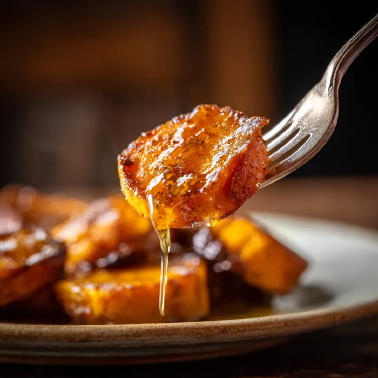 Southern Candied Yams 3 Fork lifting a caramelized slice of candied yam