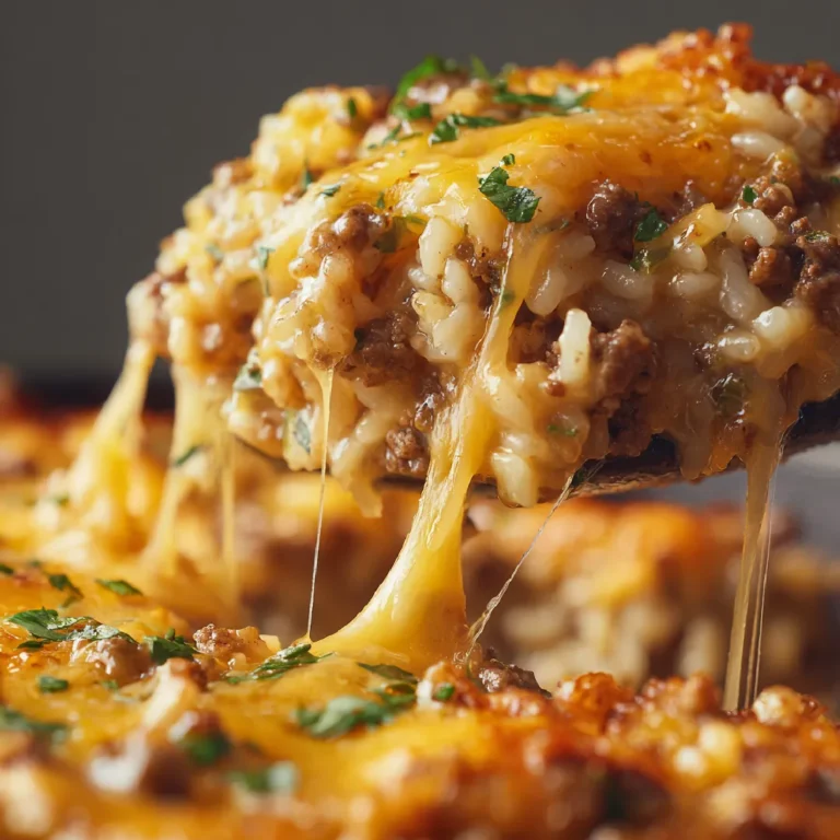 Spoonful of cheesy hamburger rice casserole with melted cheese