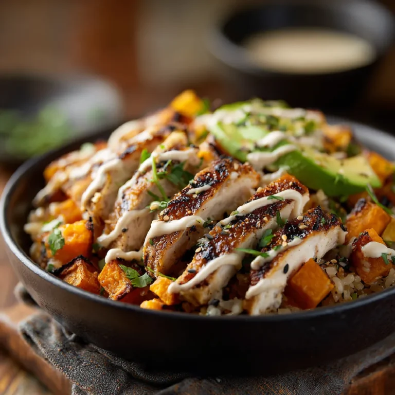 Chicken and Sweet Potato Rice Bowl 3 Close-up of juicy grilled chicken and sweet potato over rice