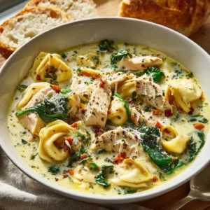 Chicken Tortellini Soup served warm with herbs and bread