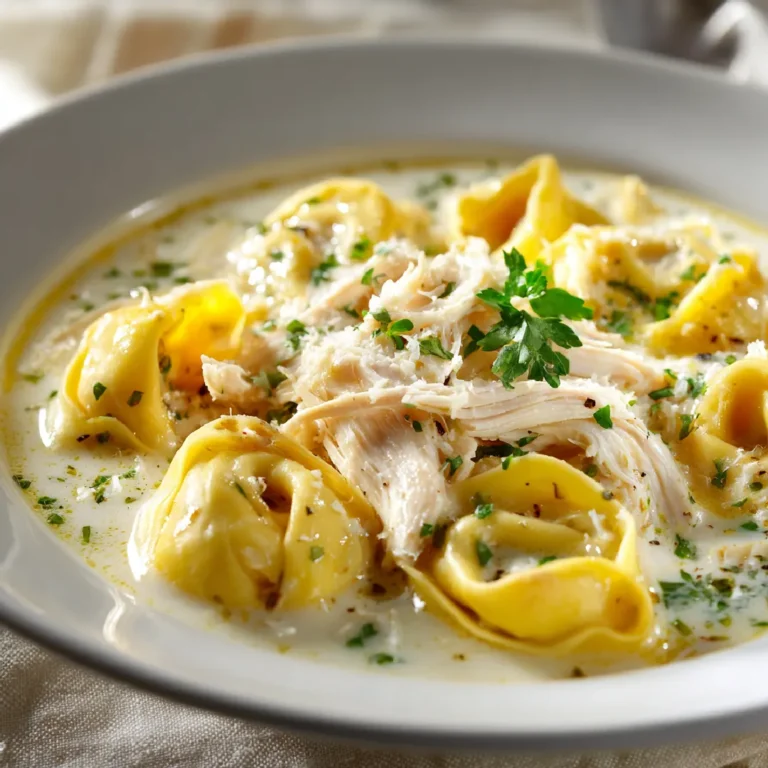 Close-up of tortellini, chicken, and herbs in creamy soup