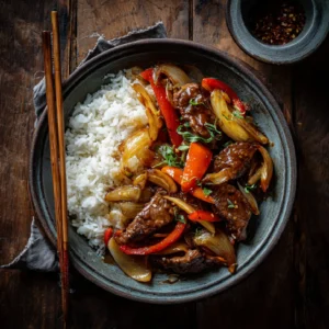Chinese pepper steak with onions served with rice in a bowl