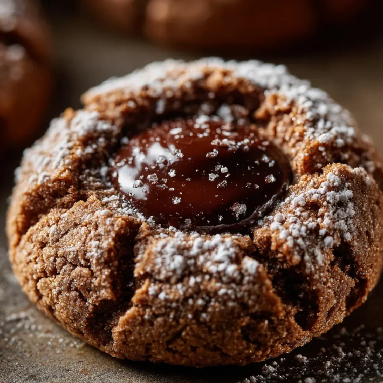 Close-up of a chocolate-filled thumbprint cookie dusted with powdered sugar