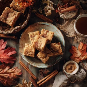 Cinnamon Sugar Blondies stacked on wooden table
