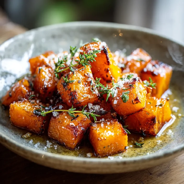 Crispy Butternut Squash Appetizer 3 Close-up of golden crispy butternut squash bites with thyme and maple drizzle