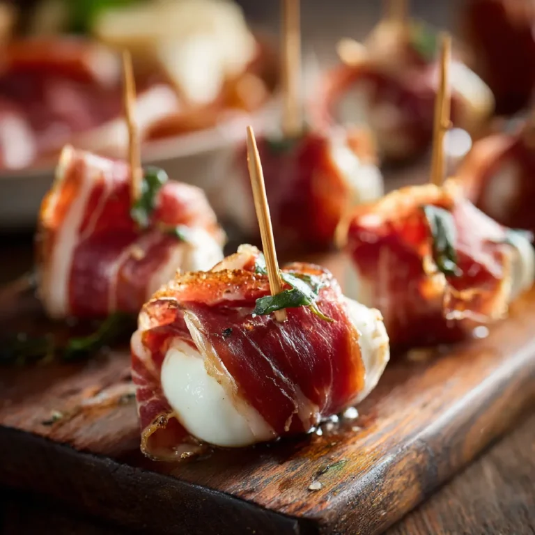 Prosciutto Wrapped Mozzarella Bites 3 Close-up of prosciutto wrapped mozzarella bite on skewer with soft cheese texture