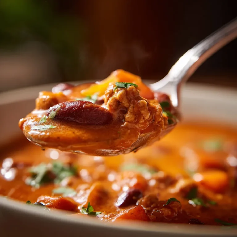 Turkey Pumpkin Chili 3 Close-up of spoonful of pumpkin chili with ground turkey