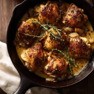 Creamy Brown Sugar Dijon Chicken Thighs 2 Creamy brown sugar Dijon chicken thighs in skillet with sauce