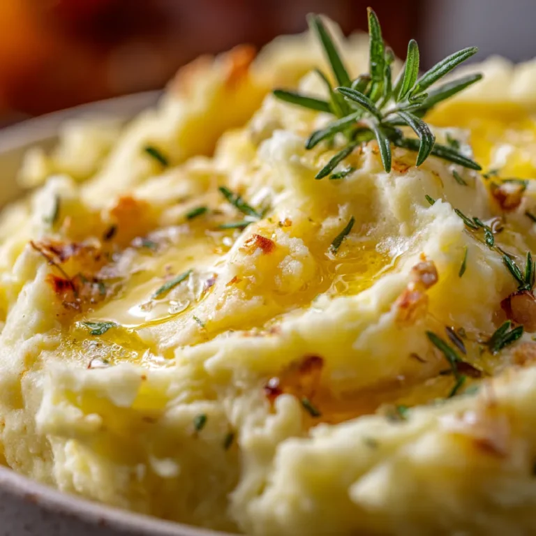 Rosemary Garlic Mashed Potatoes 3 lose-up of garlic herb mashed potatoes with melted butter