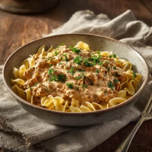creamy turkey stroganoff served with egg noodles in a rustic bowl