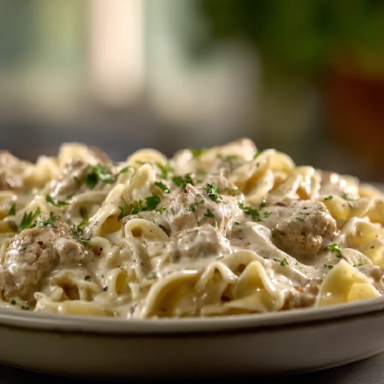 Creamy Turkey Stroganoff 3 Close-up of creamy turkey stroganoff with parsley and egg noodles