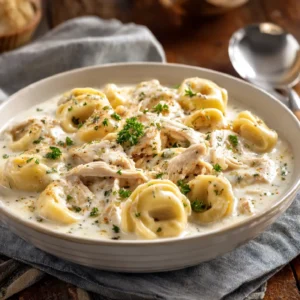 Crockpot Chicken Alfredo Tortellini in creamy sauce