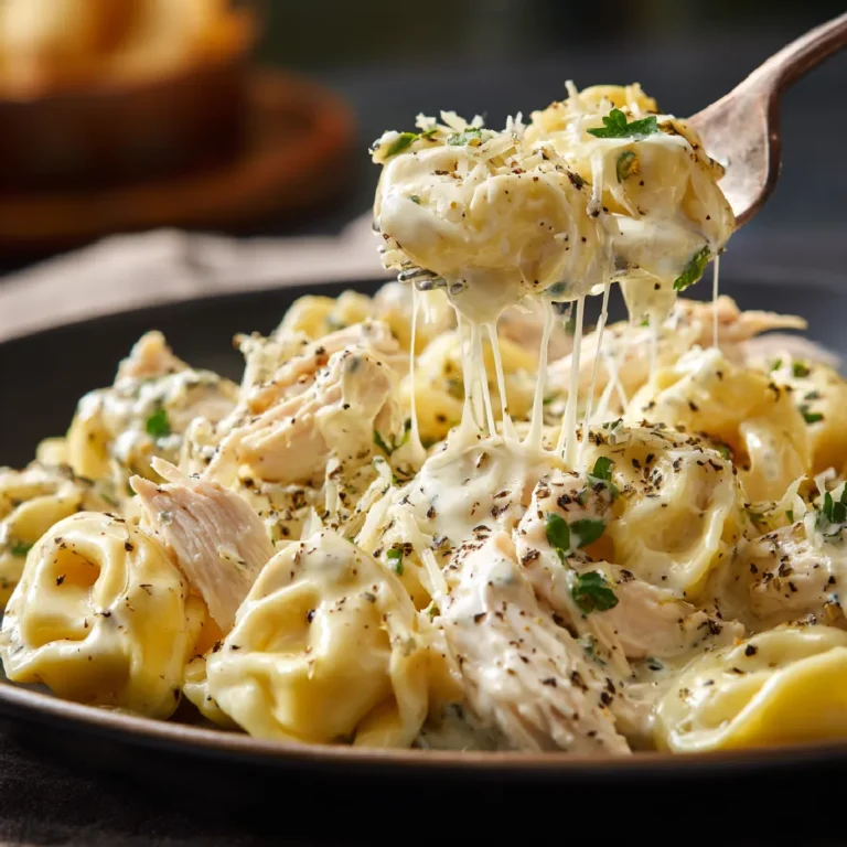 Crockpot Chicken Alfredo Tortellini 3 Close-up of creamy chicken Alfredo tortellini with cheese and herbs