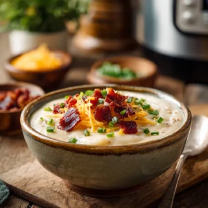 Crockpot crack potato soup served in a rustic bowl with toppings