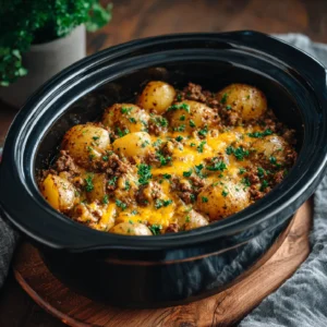 Crockpot Hamburger Potato Casserole in rustic kitchen