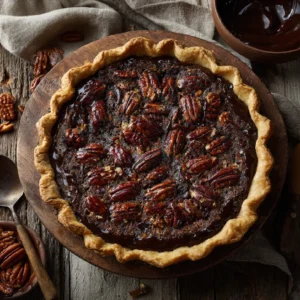 Texas chocolate pecan pie with gooey chocolate filling and toasted pecans
