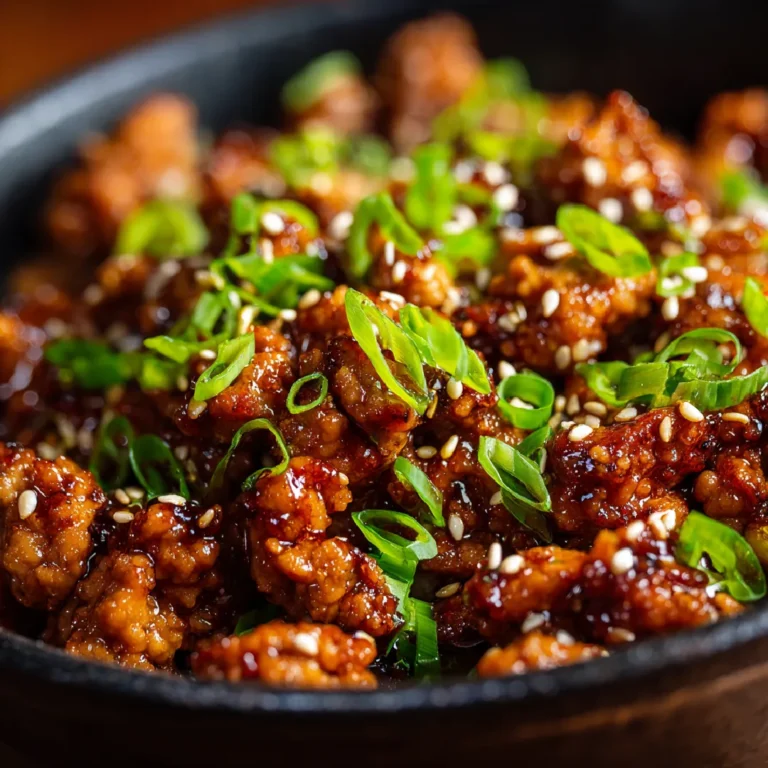 Close-up of glossy honey garlic ground turkey with sesame seeds and scallions