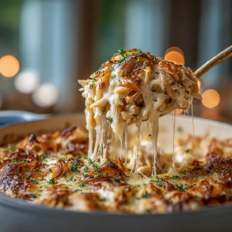 Spoonful of cheesy French onion chicken orzo casserole