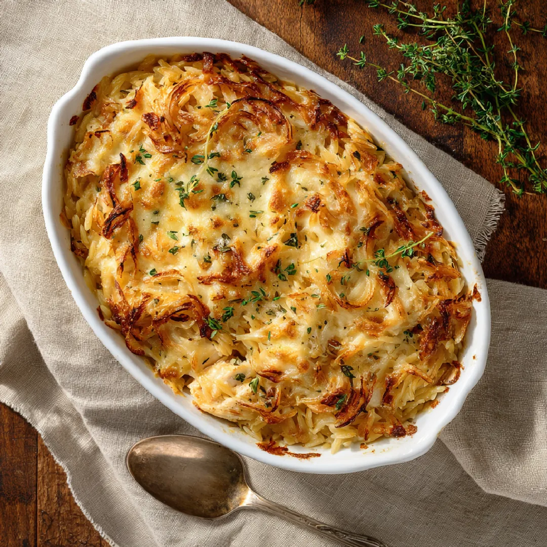 French Onion Chicken Orzo Casserole