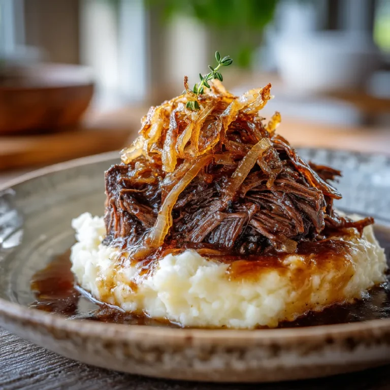 French Onion Pot Roast 3 Close-up of French onion pot roast served overd mashed potatoes