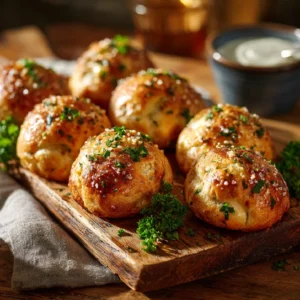 Garlic Parmesan Cheeseburger Bombs freshly baked on tray