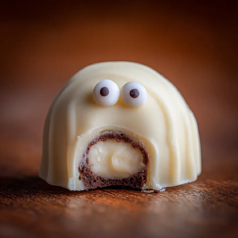 Ghost OREO Truffles 3 Close-up of a ghost OREO truffle with candy eyes and white coating