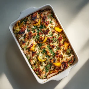 Ground turkey zucchini casserole in a white baking dish