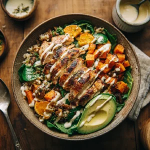 Chicken and sweet potato rice bowl in a rustic bowl