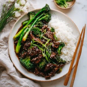 Chinese beef and broccoli served with rice