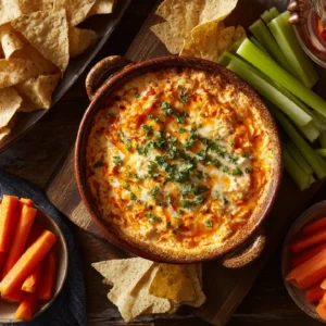Cottage cheese buffalo chicken dip in baking dish with chips