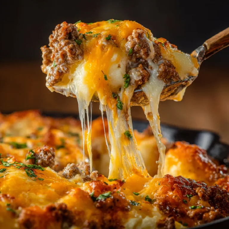 Hobo Casserole 3 Close-up of a spoonful of beef and potato casserole with melted cheese