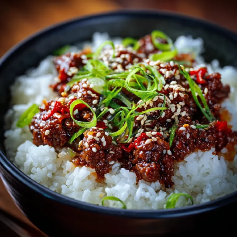 Korean Ground Beef Bowl 3 Close-up of Korean beef with rice and sesame