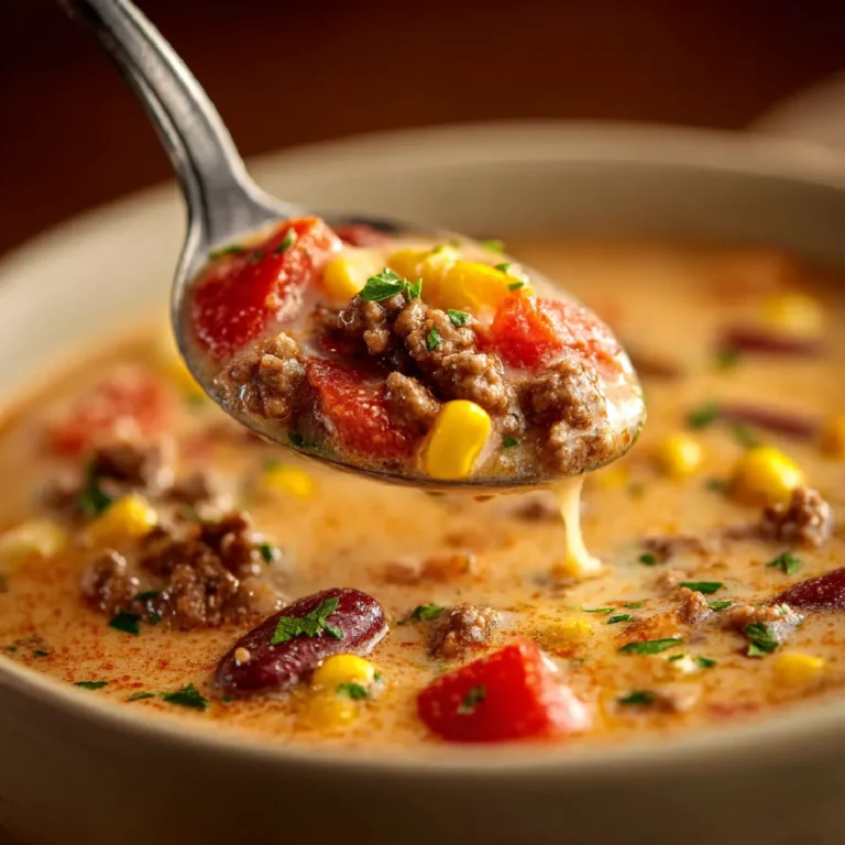 Close-up of a spoonful of cowboy soup showing beef, beans, corn, and tomatoes in a creamy broth