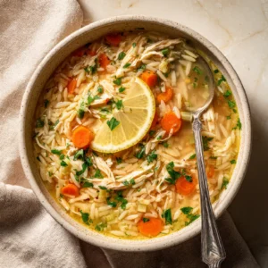 Lemon Chicken Orzo Soup in a rustic bowl with lemon wedge