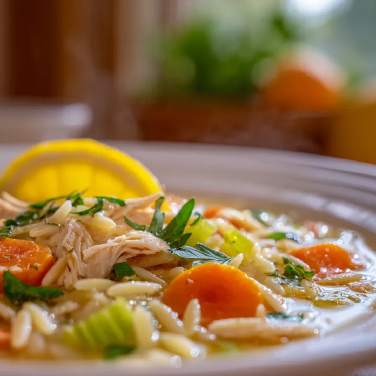 Lemon Chicken Orzo Soup 3 Closeup of lemon chicken orzo soup with golden broth and sliced vegetables
