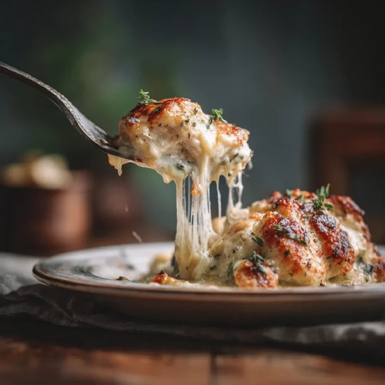 Served scoop of low carb chicken casserole with cheese pull