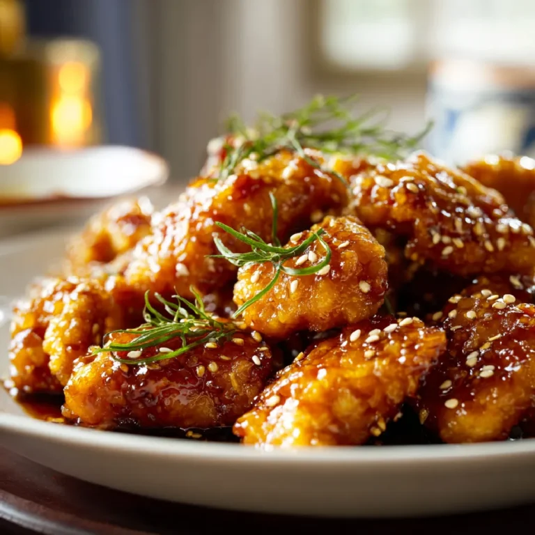Close-up of glossy orange chicken with sesame seeds