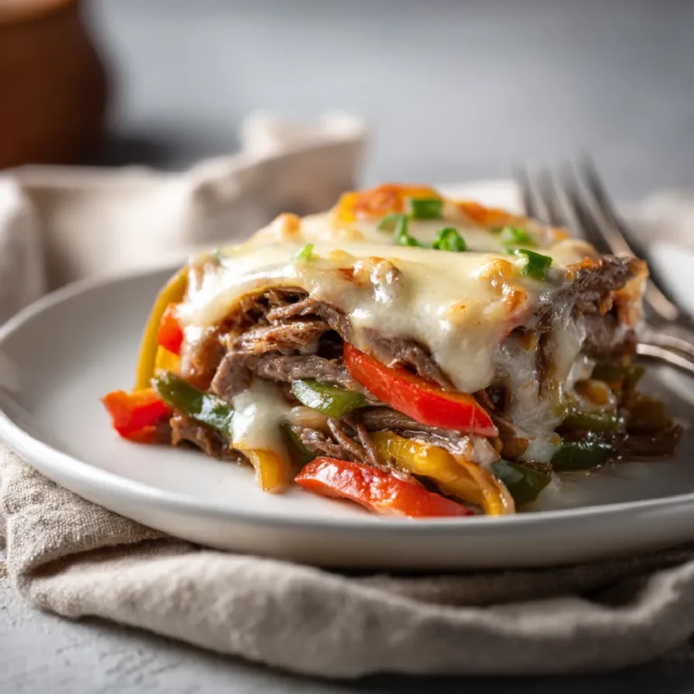 Plated serving of baked Philly Cheesesteak Casserole