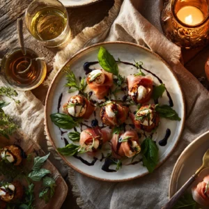 Prosciutto Wrapped Mozzarella Bites 2 Prosciutto Wrapped Mozzarella Bites on white platter