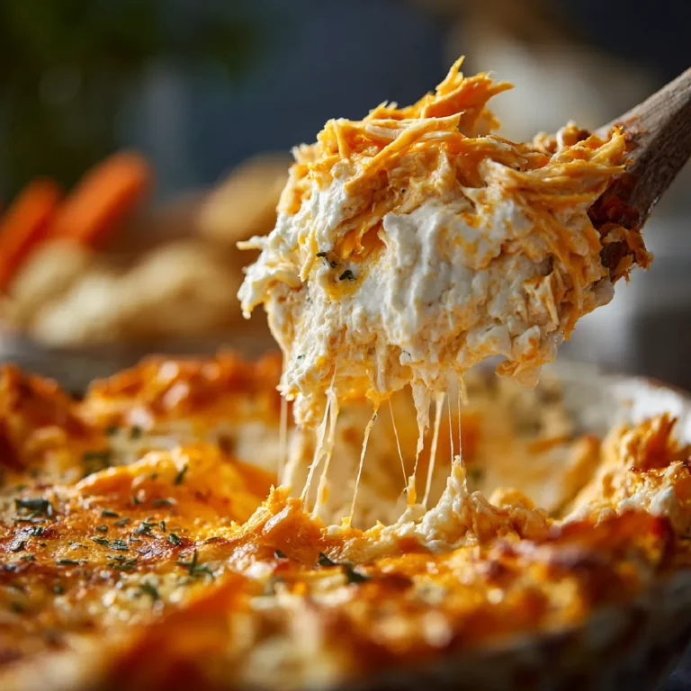 Spoon scooping creamy buffalo chicken dip with visible cottage cheese and chicken