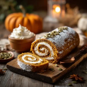 Pumpkin spice roll cake on fall table