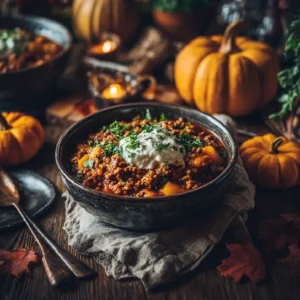Turkey Pumpkin Chili in rustic fall setting